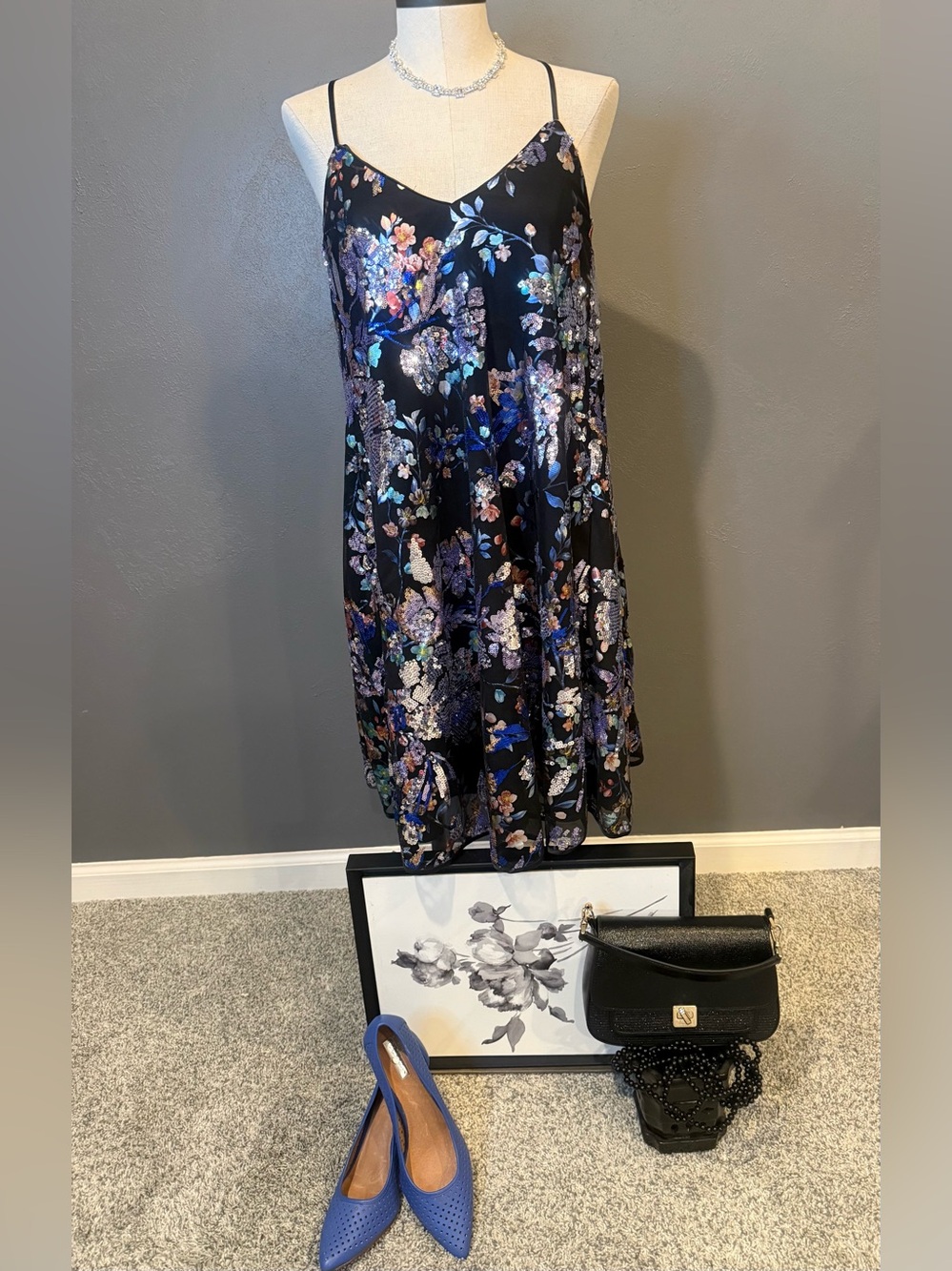 Laundry By Shelli Segal Black Slip Skirt with Purple & Blue Floral Print